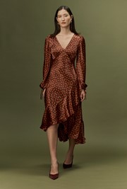 Holly Spot Print Frill Hem Satin Midi Dress