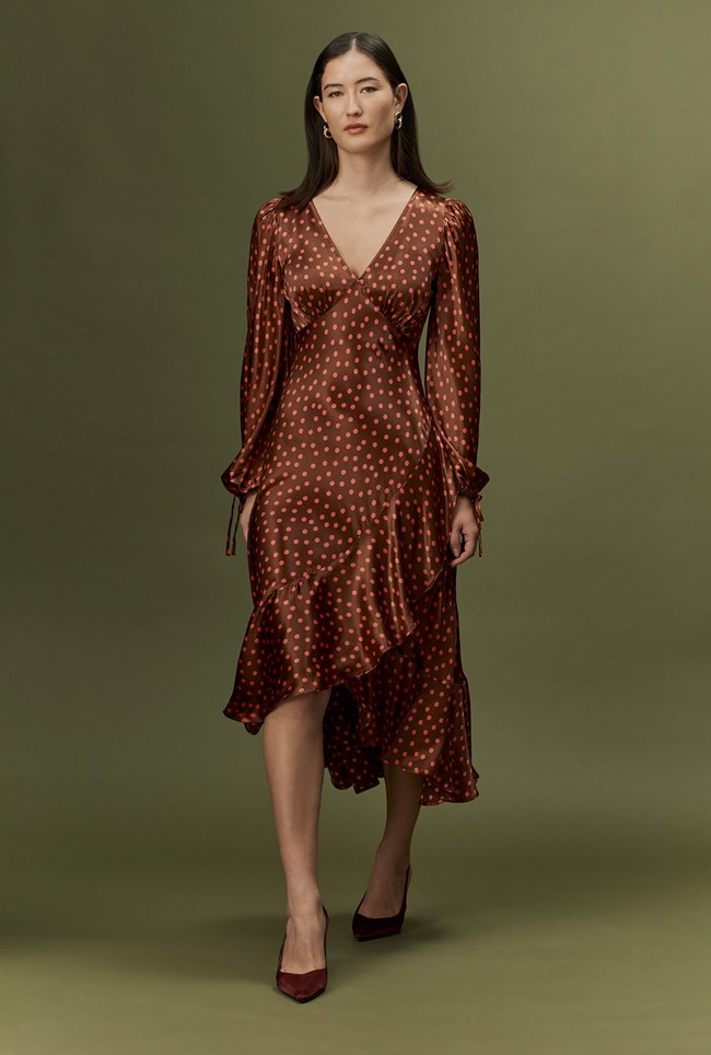 Holly Spot Print Frill Hem Satin Midi Dress