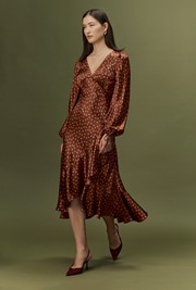Holly Spot Print Frill Hem Satin Midi Dress