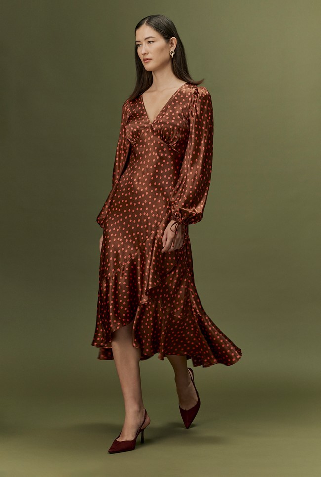 Holly Spot Print Frill Hem Satin Midi Dress