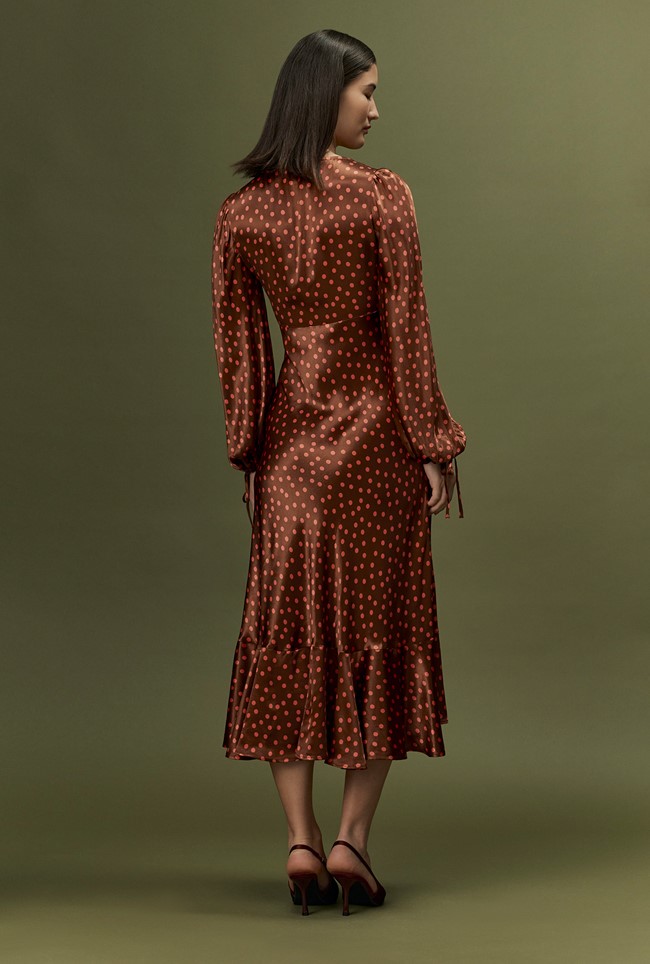 Holly Spot Print Frill Hem Satin Midi Dress