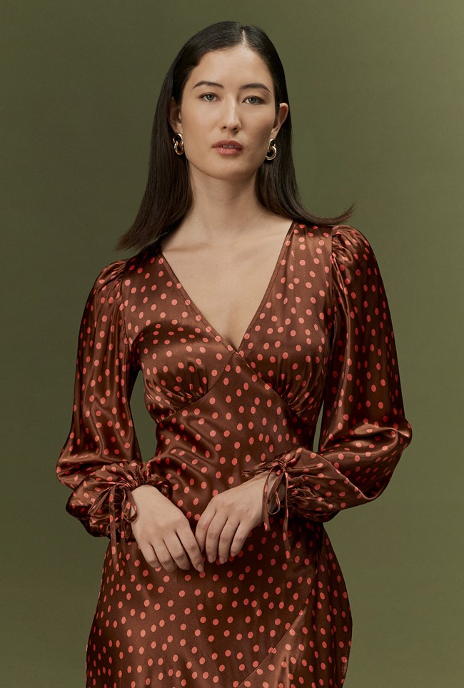 Holly Spot Print Frill Hem Satin Midi Dress