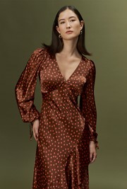 Holly Spot Print Frill Hem Satin Midi Dress