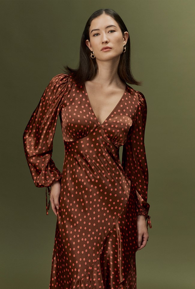 Holly Spot Print Frill Hem Satin Midi Dress
