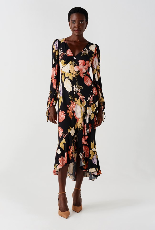 Holly Floral Print Frill Hem Crepe Midi Dress