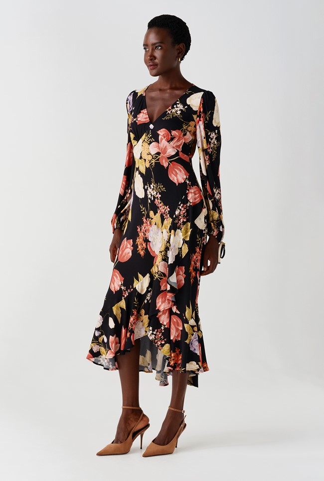 Holly Floral Print Frill Hem Crepe Midi Dress