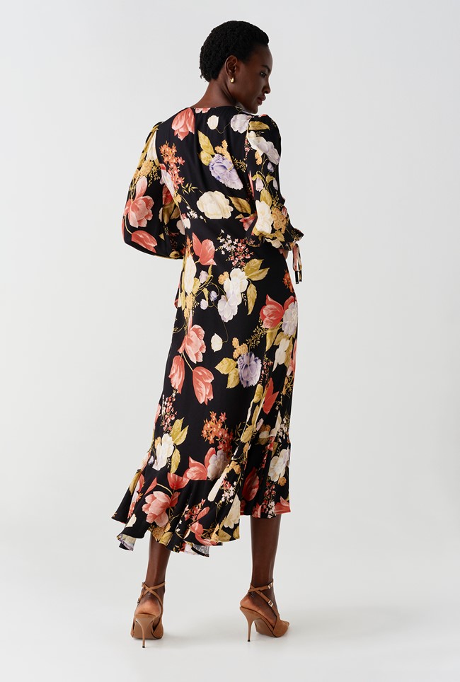 Holly Floral Print Frill Hem Crepe Midi Dress