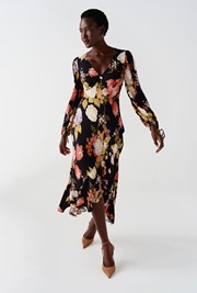 Holly Floral Print Frill Hem Crepe Midi Dress