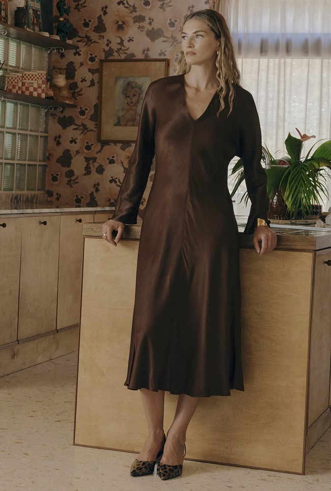 Hatty Long Sleeve Satin Midi Dress
