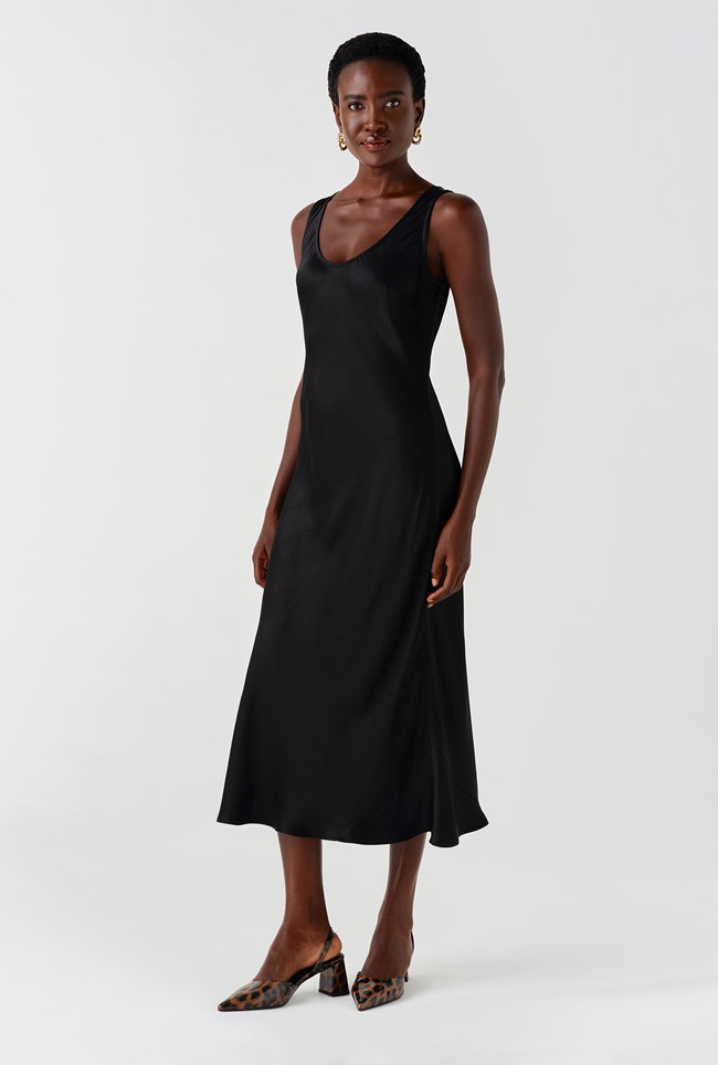 Palm Satin Sleeveless Slip Midi Dress