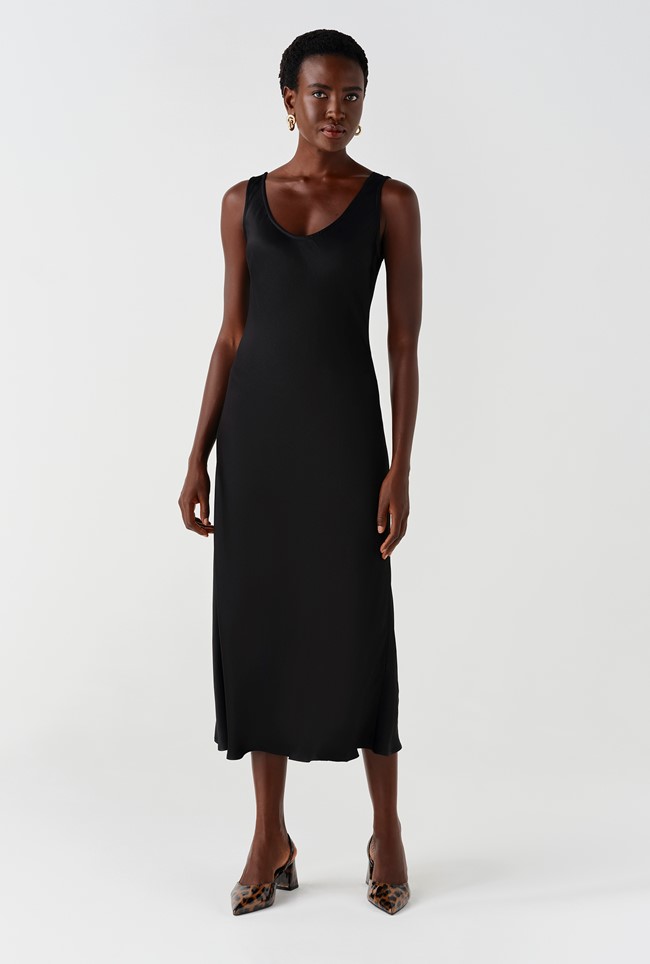 Palm Satin Sleeveless Slip Midi Dress