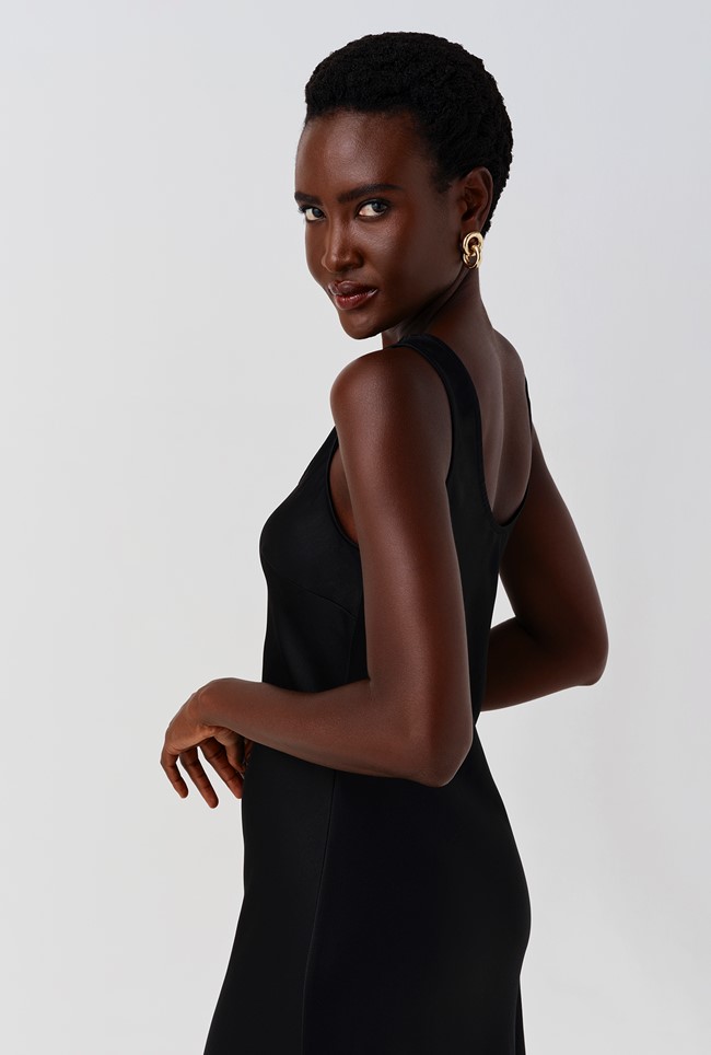Palm Satin Sleeveless Slip Midi Dress