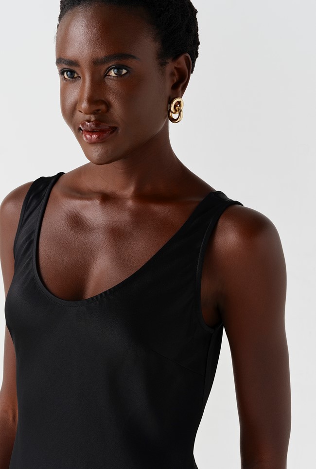 Palm Satin Sleeveless Slip Midi Dress