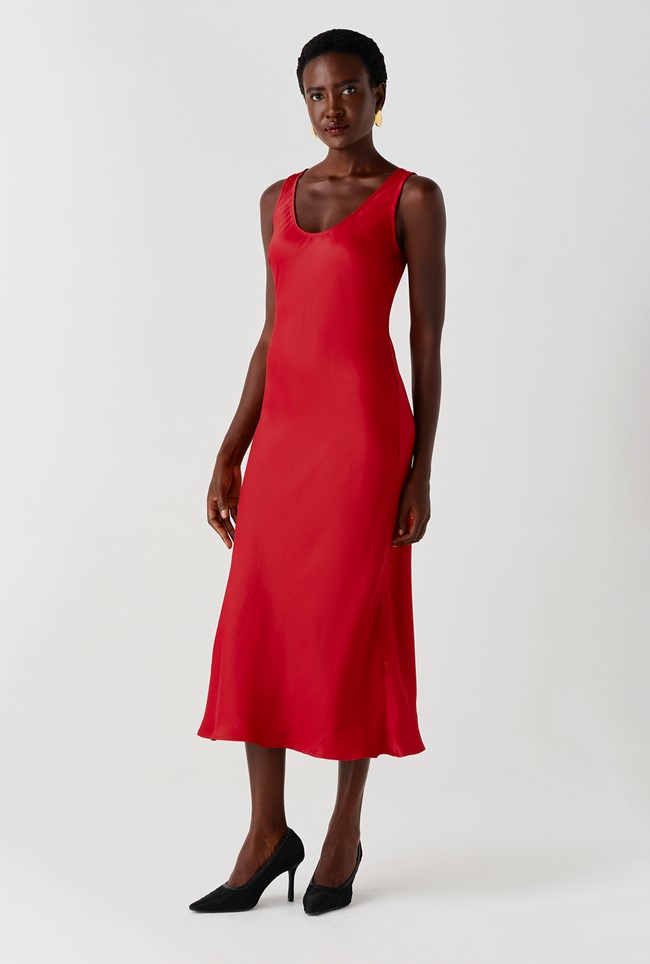 Palm Satin Sleeveless Slip Midi Dress
