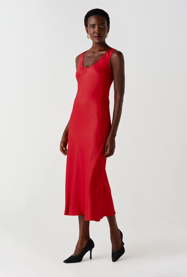 Palm Satin Sleeveless Slip Midi Dress
