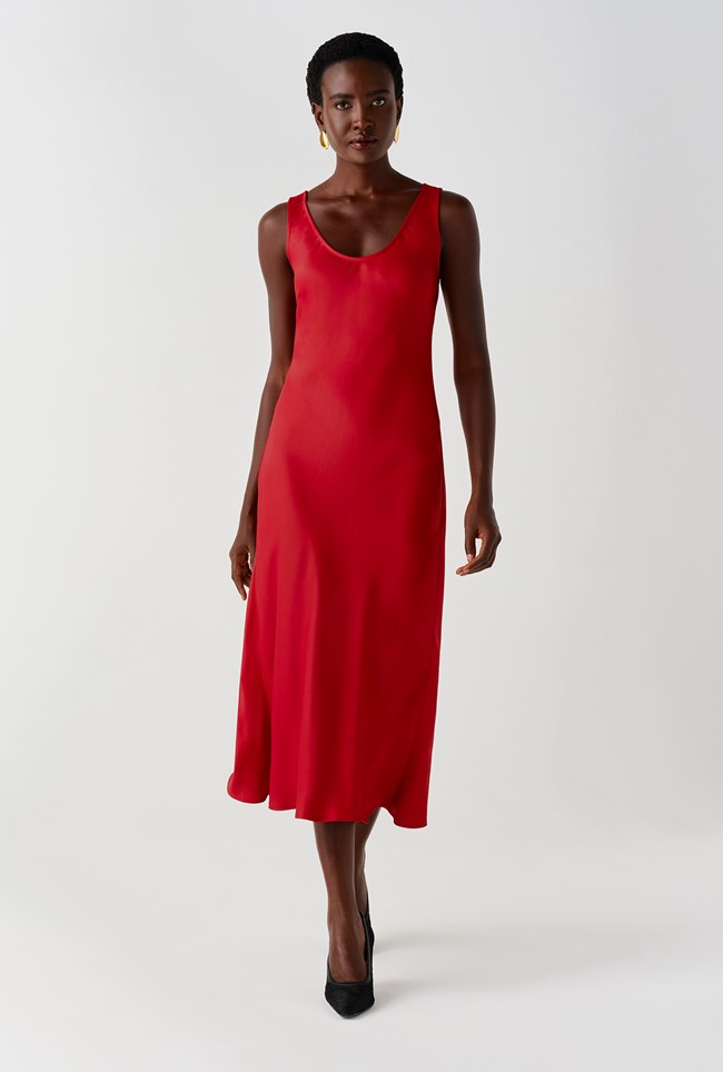 Palm Satin Sleeveless Slip Midi Dress