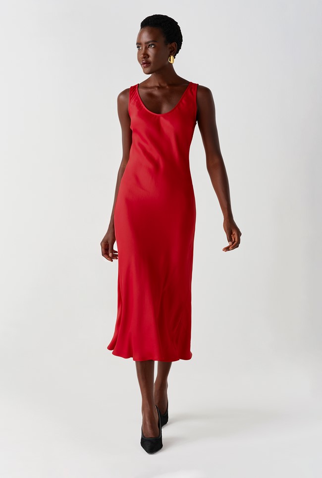 Palm Satin Sleeveless Slip Midi Dress