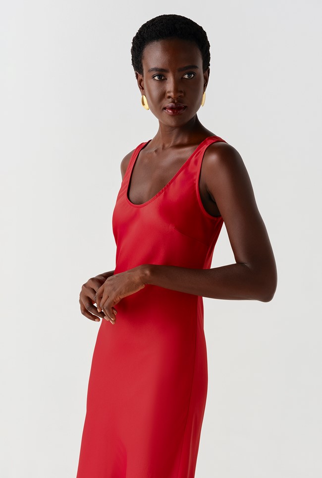 Palm Satin Sleeveless Slip Midi Dress