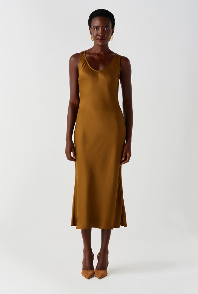 Palm Satin Sleeveless Slip Midi Dress