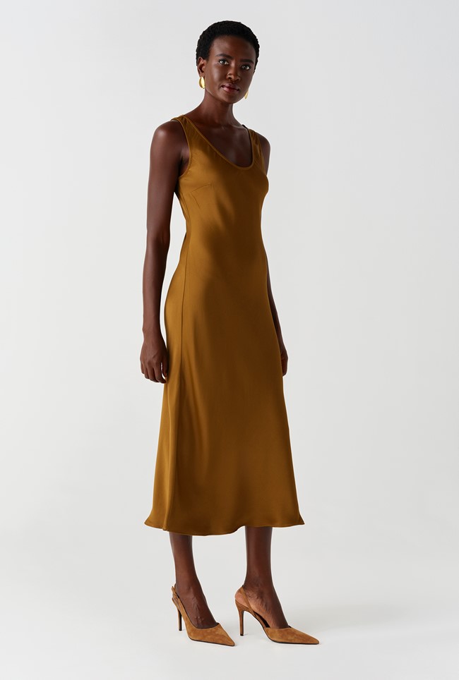 Palm Satin Sleeveless Slip Midi Dress