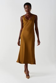 Palm Satin Sleeveless Slip Midi Dress