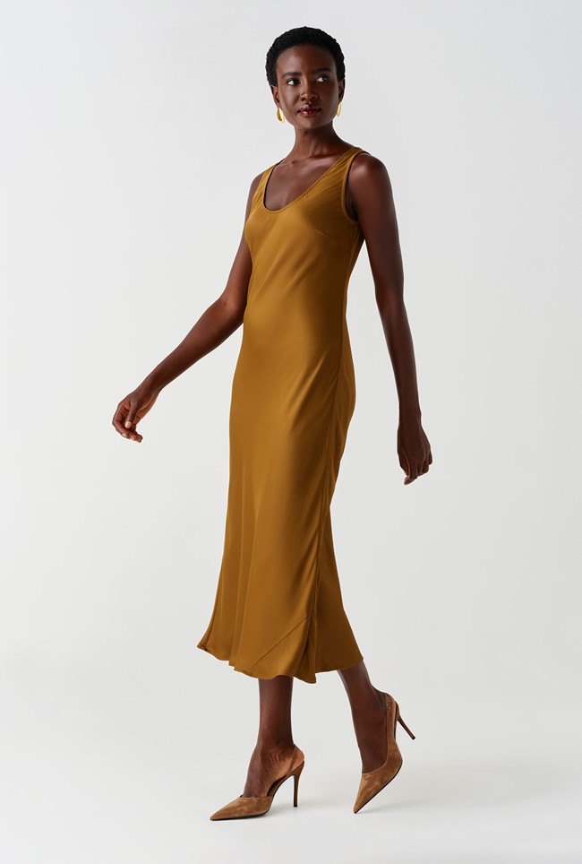Palm Satin Sleeveless Slip Midi Dress