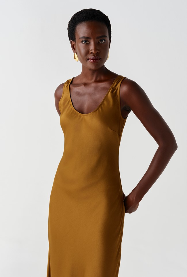 Palm Satin Sleeveless Slip Midi Dress