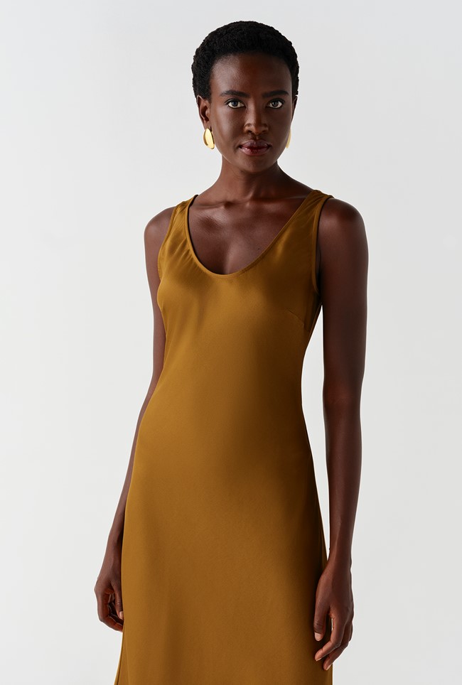 Palm Satin Sleeveless Slip Midi Dress
