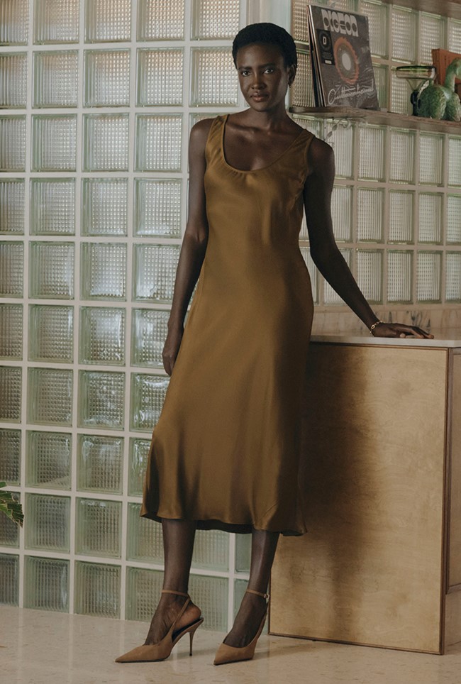 Palm Satin Sleeveless Slip Midi Dress