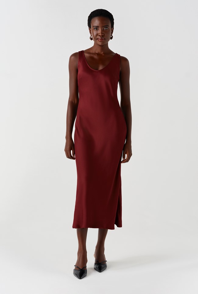 Palm Satin Sleeveless Slip Midi Dress
