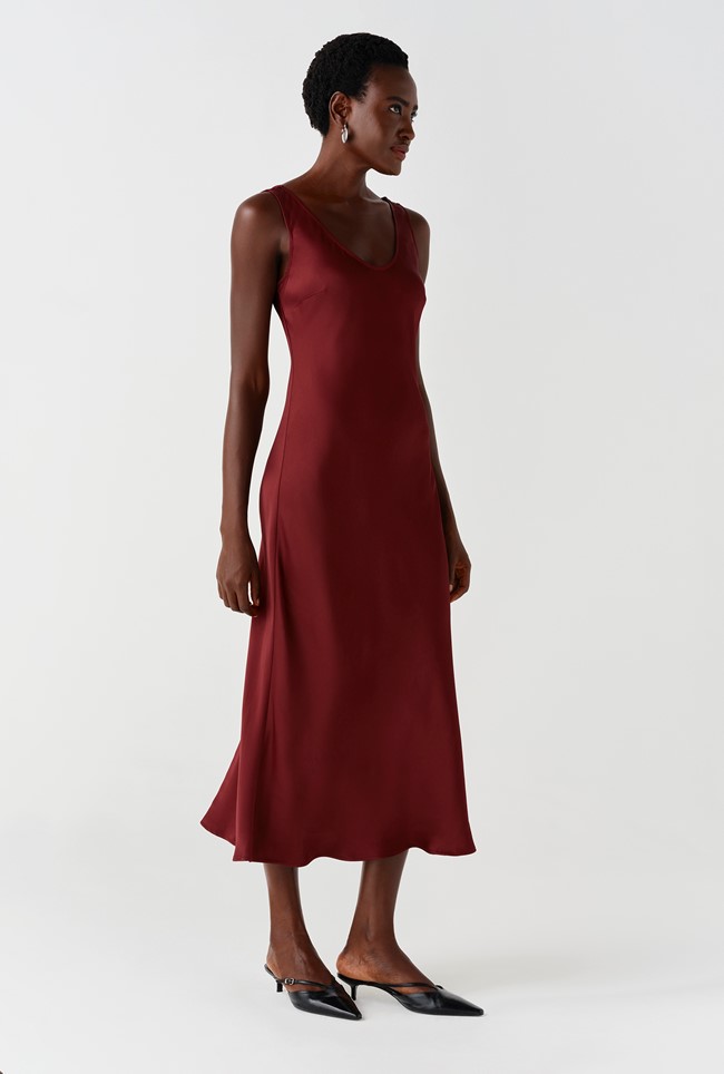 Palm Satin Sleeveless Slip Midi Dress