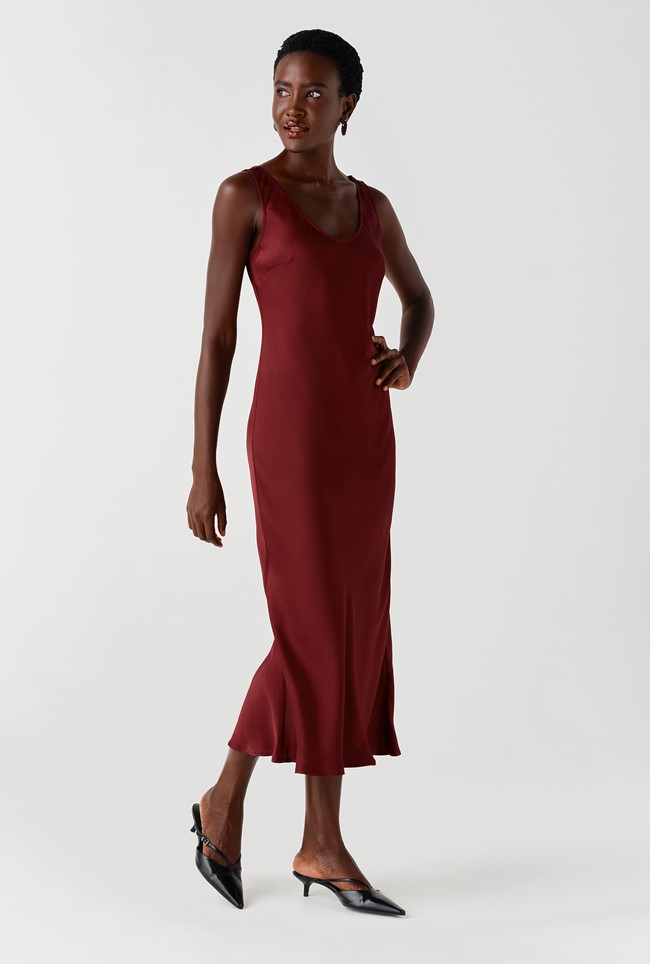 Palm Satin Sleeveless Slip Midi Dress