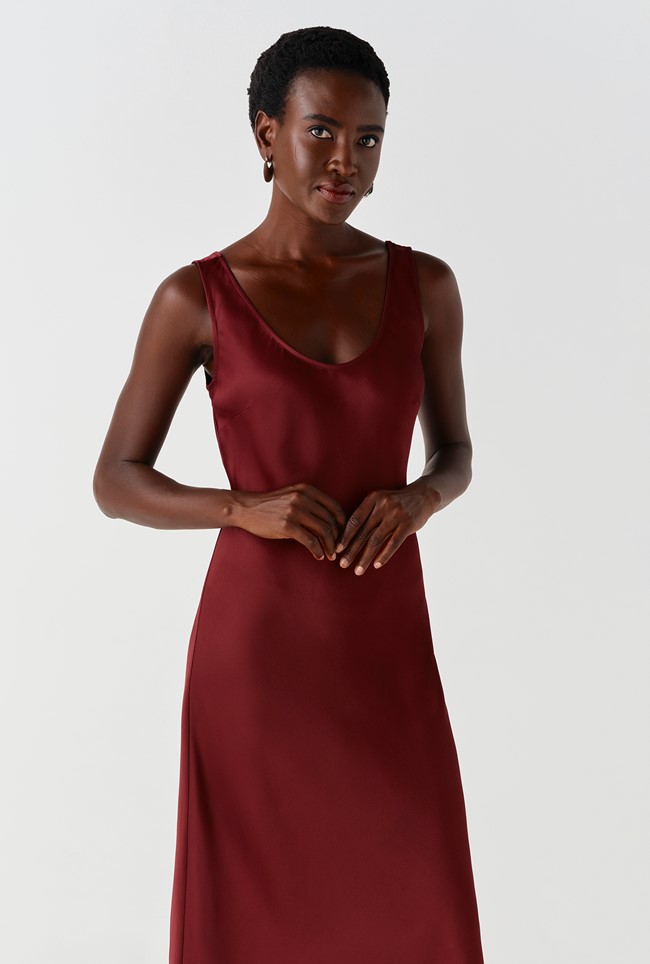 Palm Satin Sleeveless Slip Midi Dress
