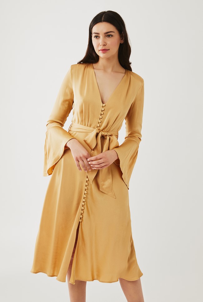 Annabelle Caramel Satin Dress | Ghost London