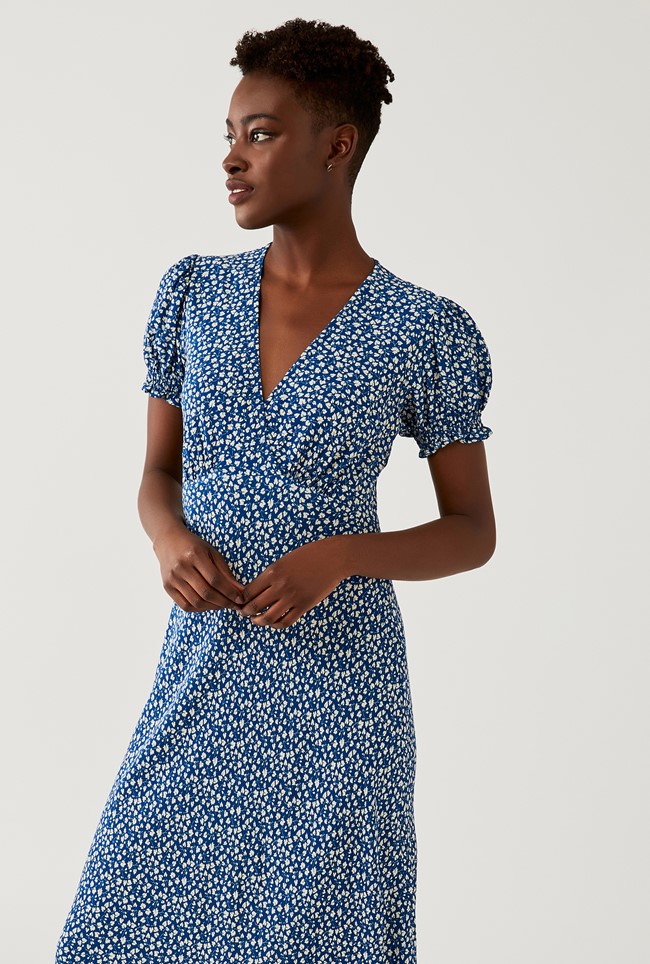 Crepe Midi Dress with Short Sleeves in Navy Print | Ghost London
