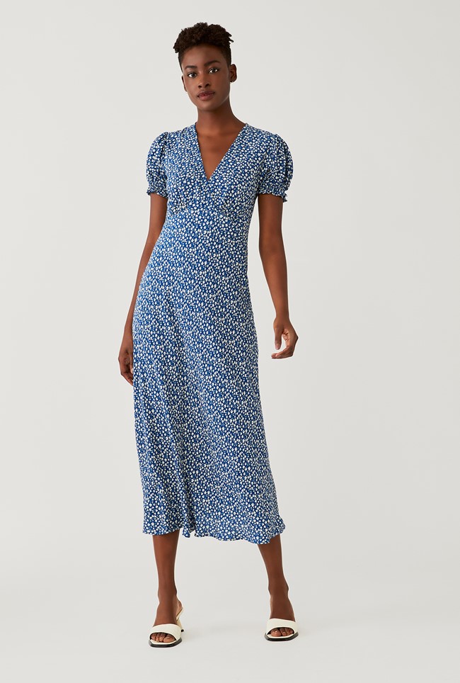 Crepe Midi Dress with Short Sleeves in Navy Print | Ghost London