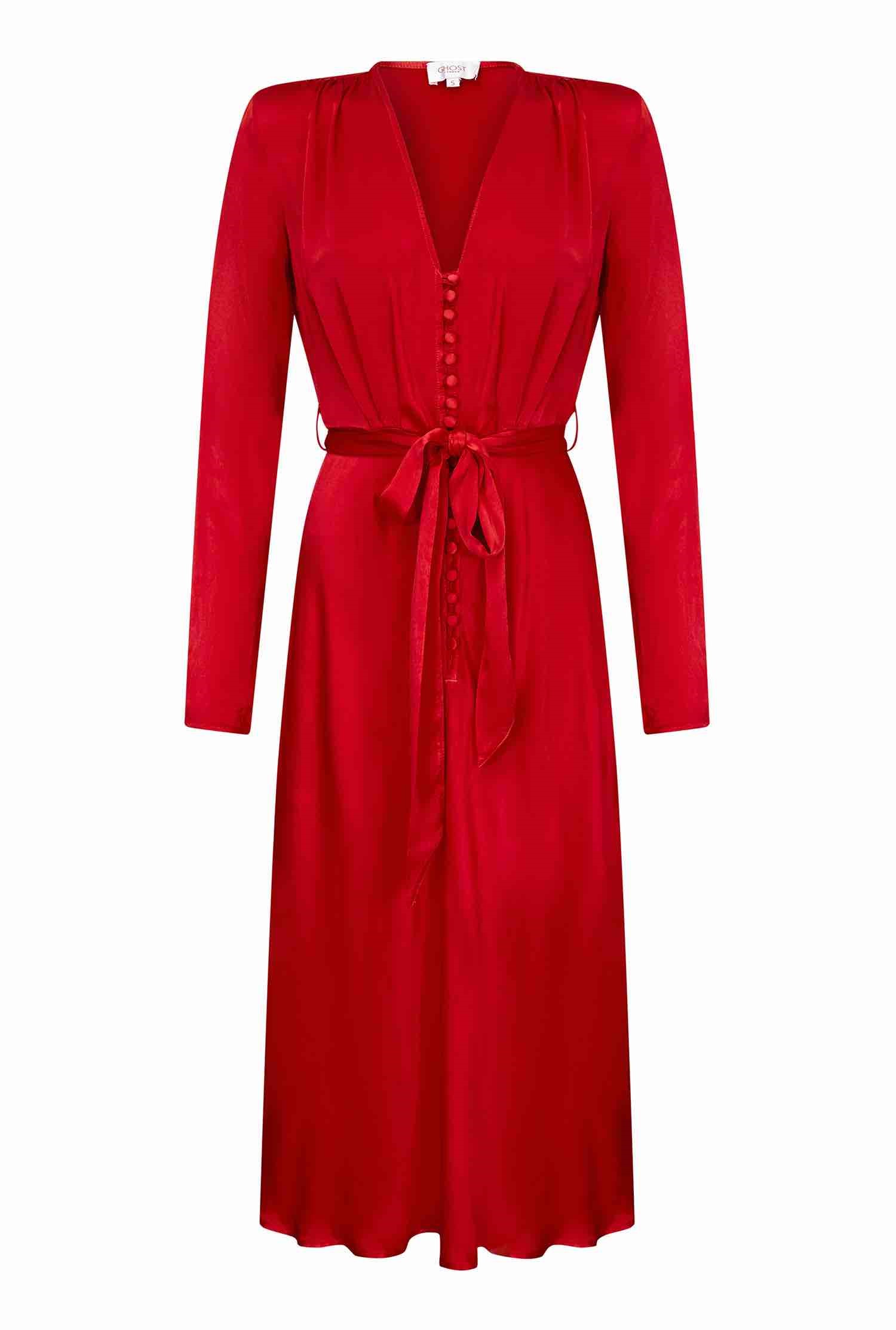 Meryl Red Midi Dress w/ Wrap Tie | Ghost London