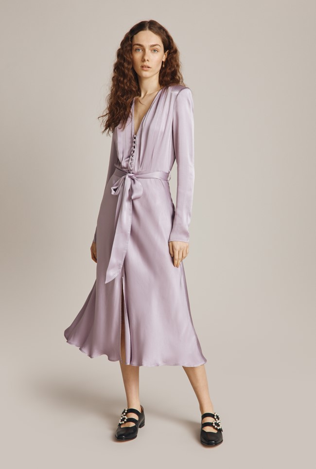 Meryl Lavender Midi Dress w/ Wrap Tie | Ghost London