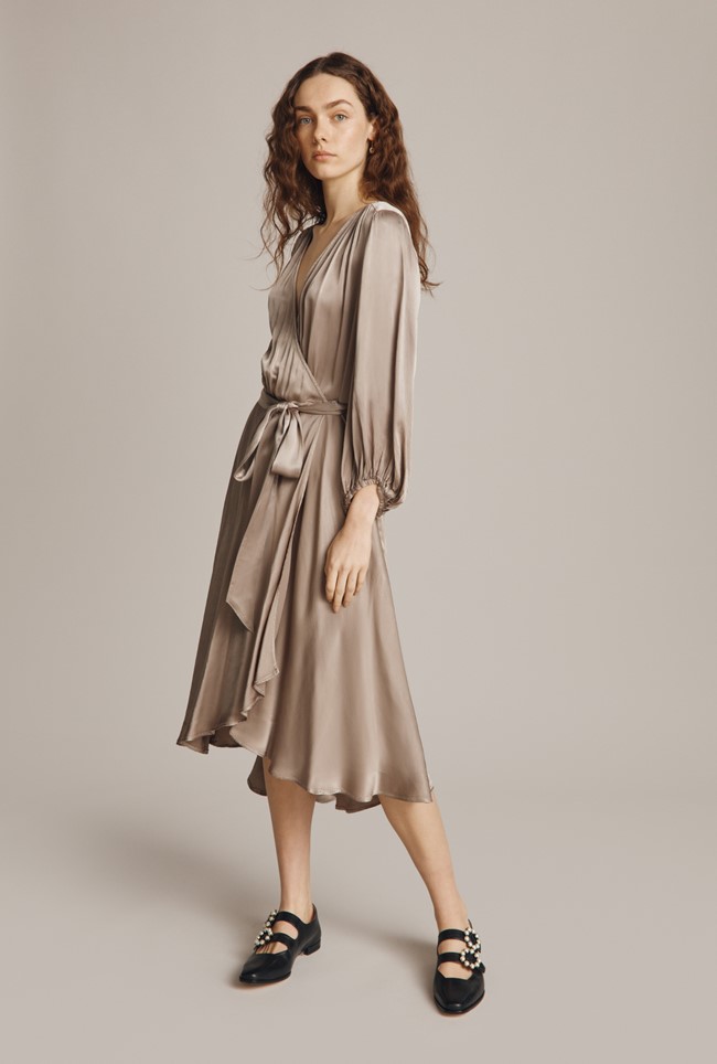 Aggie Slate Satin Wrap Dress with Sleeves | Ghost London