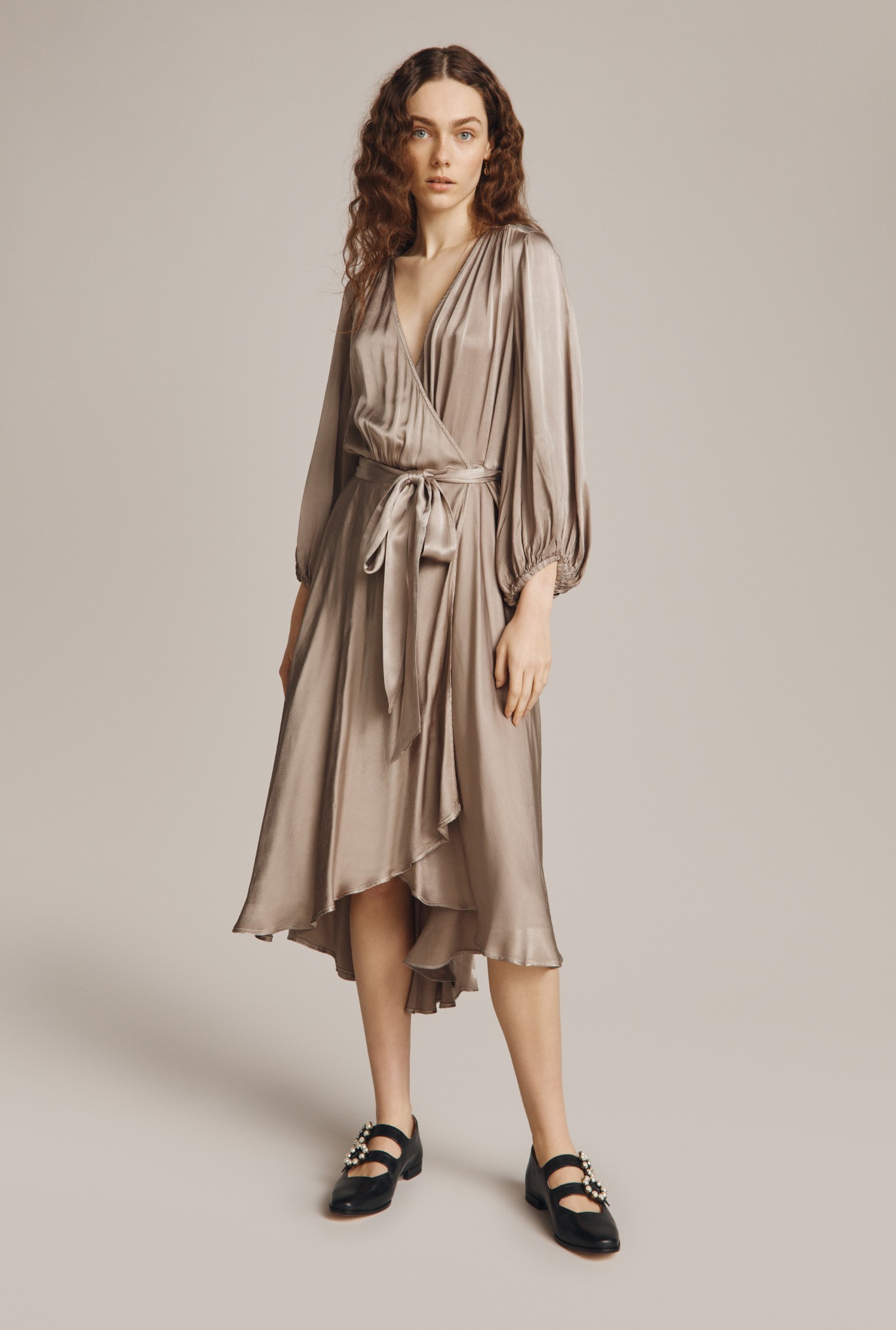 Aggie Slate Satin Wrap Dress with Sleeves | Ghost London