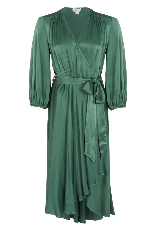 Aggie Green Satin Wrap Dress with Sleeves | Ghost London