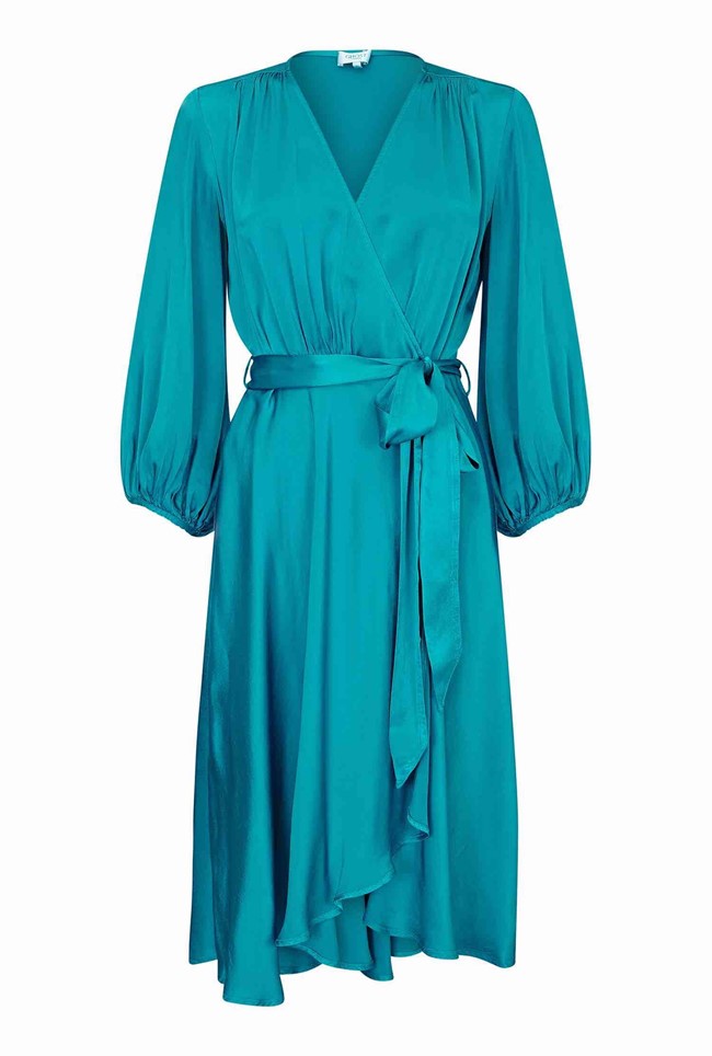 Aggie Blue Satin Wrap Dress with Sleeves | Ghost London