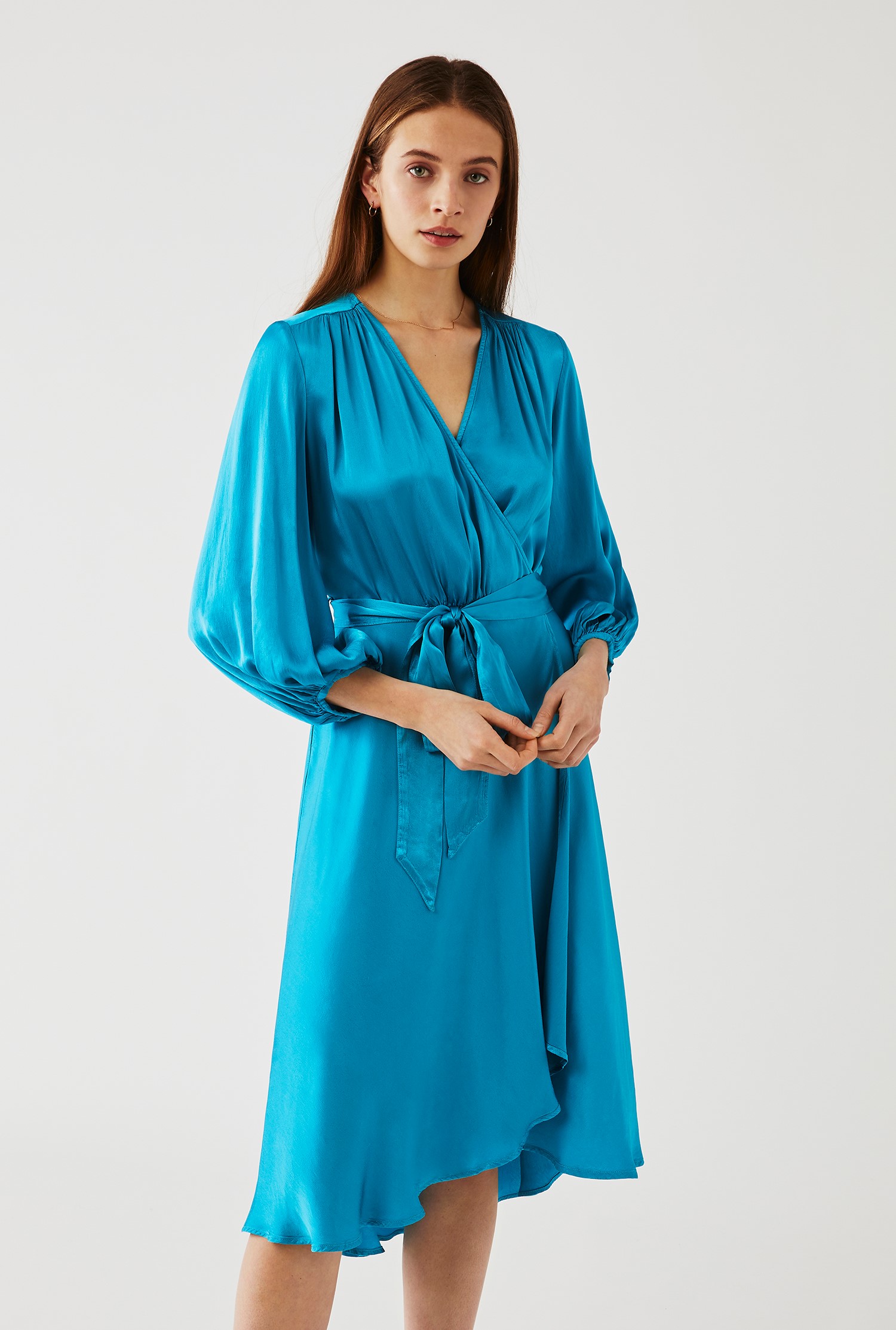 Aggie Blue Satin Wrap Dress with Sleeves | Ghost London