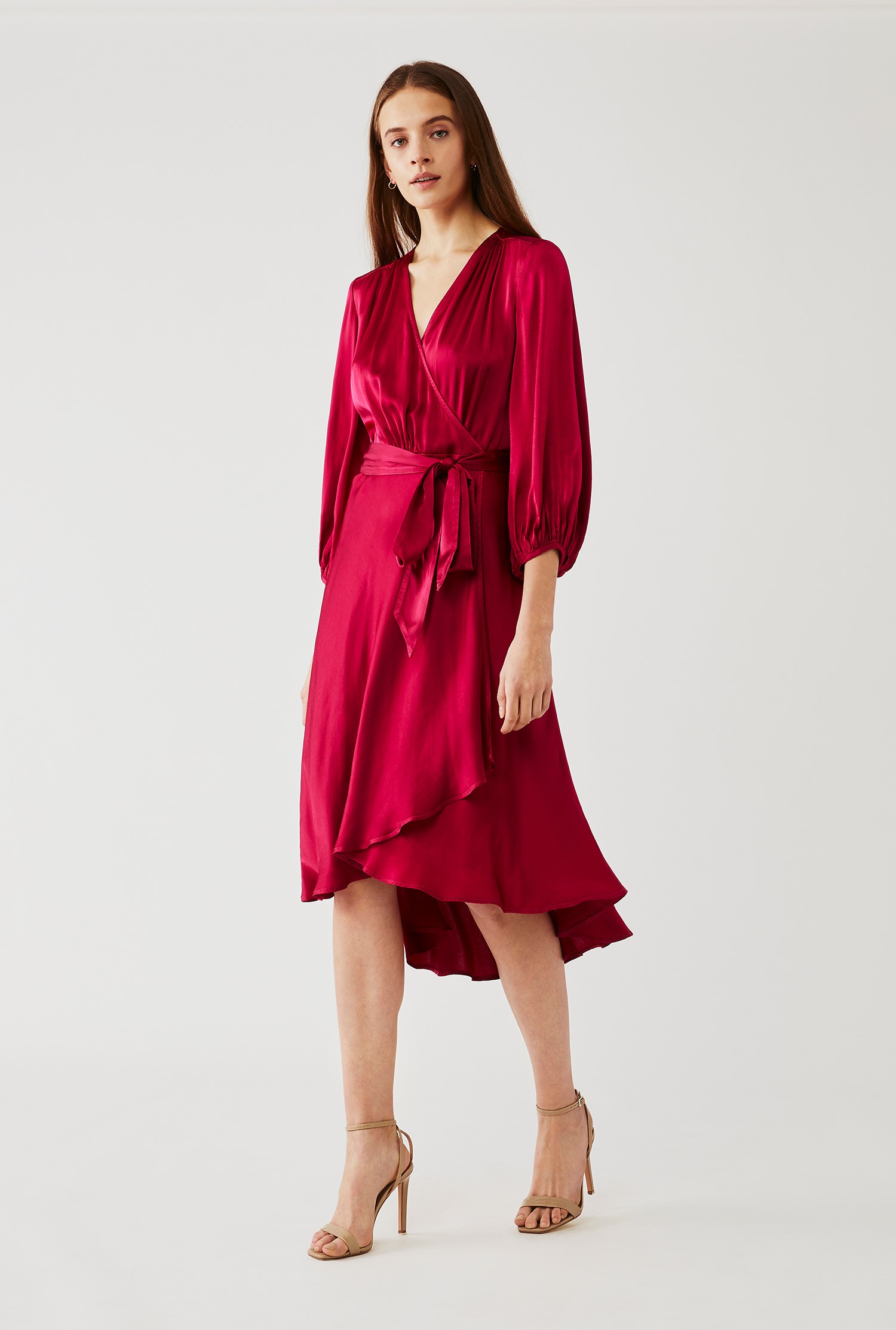 Aggie Berry Satin Wrap Dress with Sleeves | Ghost London