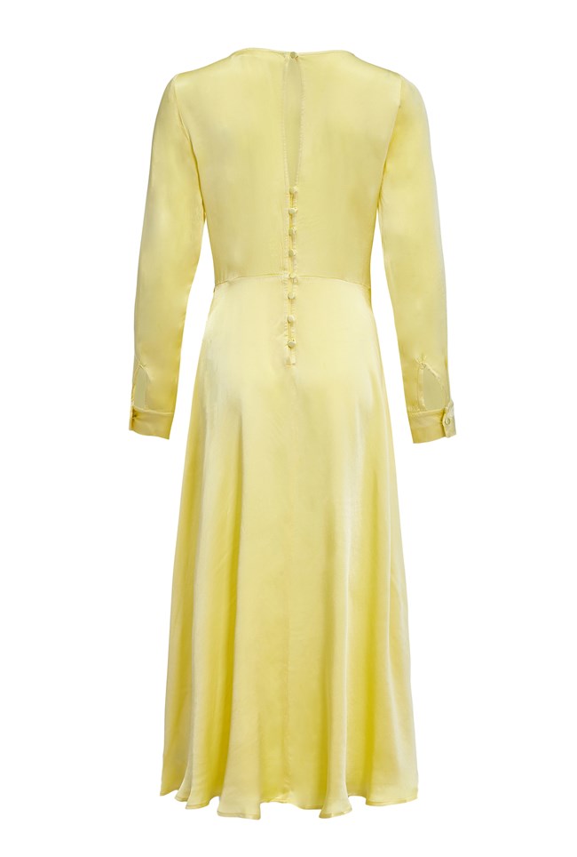 Mindy Lemon Satin Midi Dress with Long Sleeves | Ghost London
