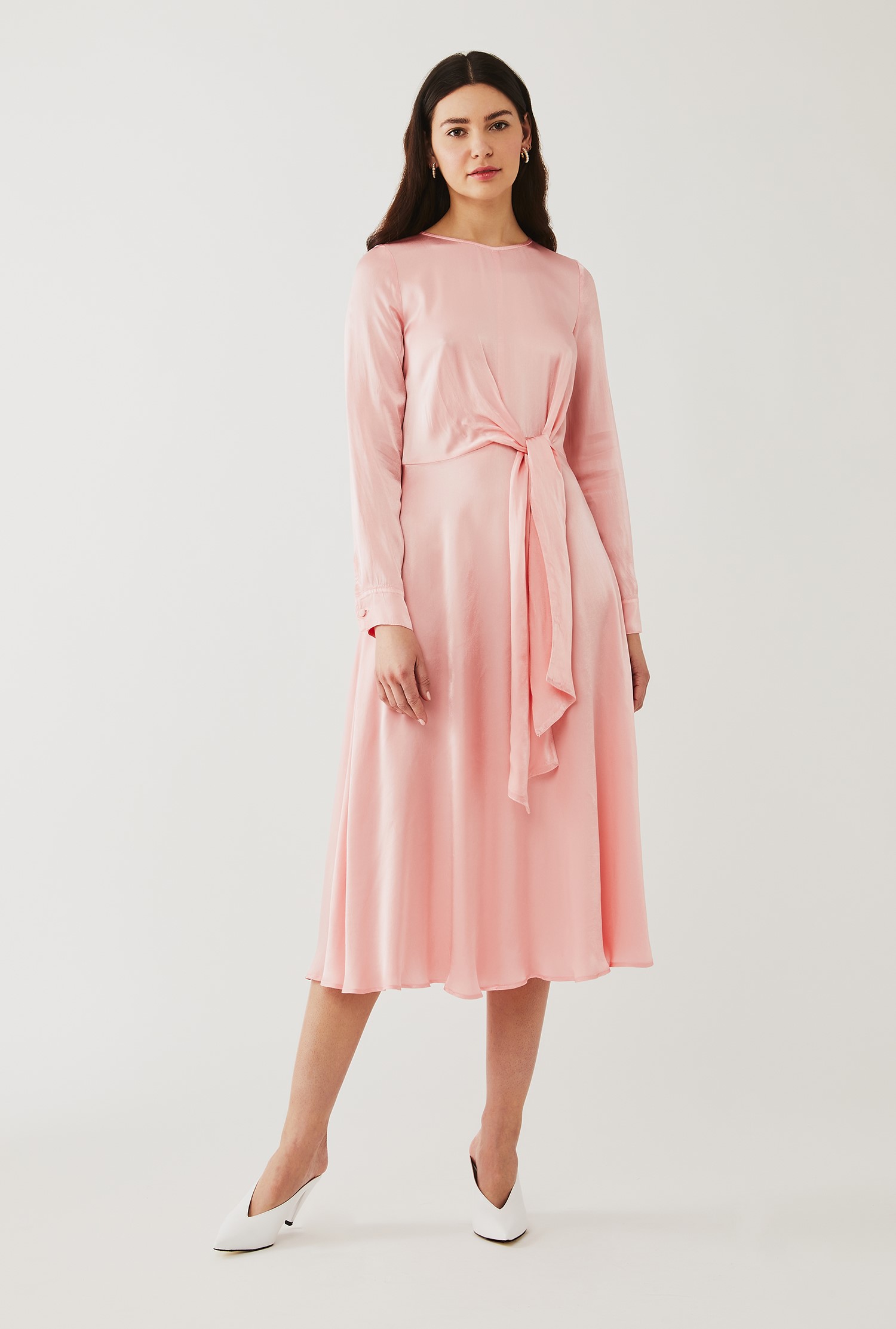Mindy Satin Midi Dress with Long Sleeves | Ghost London