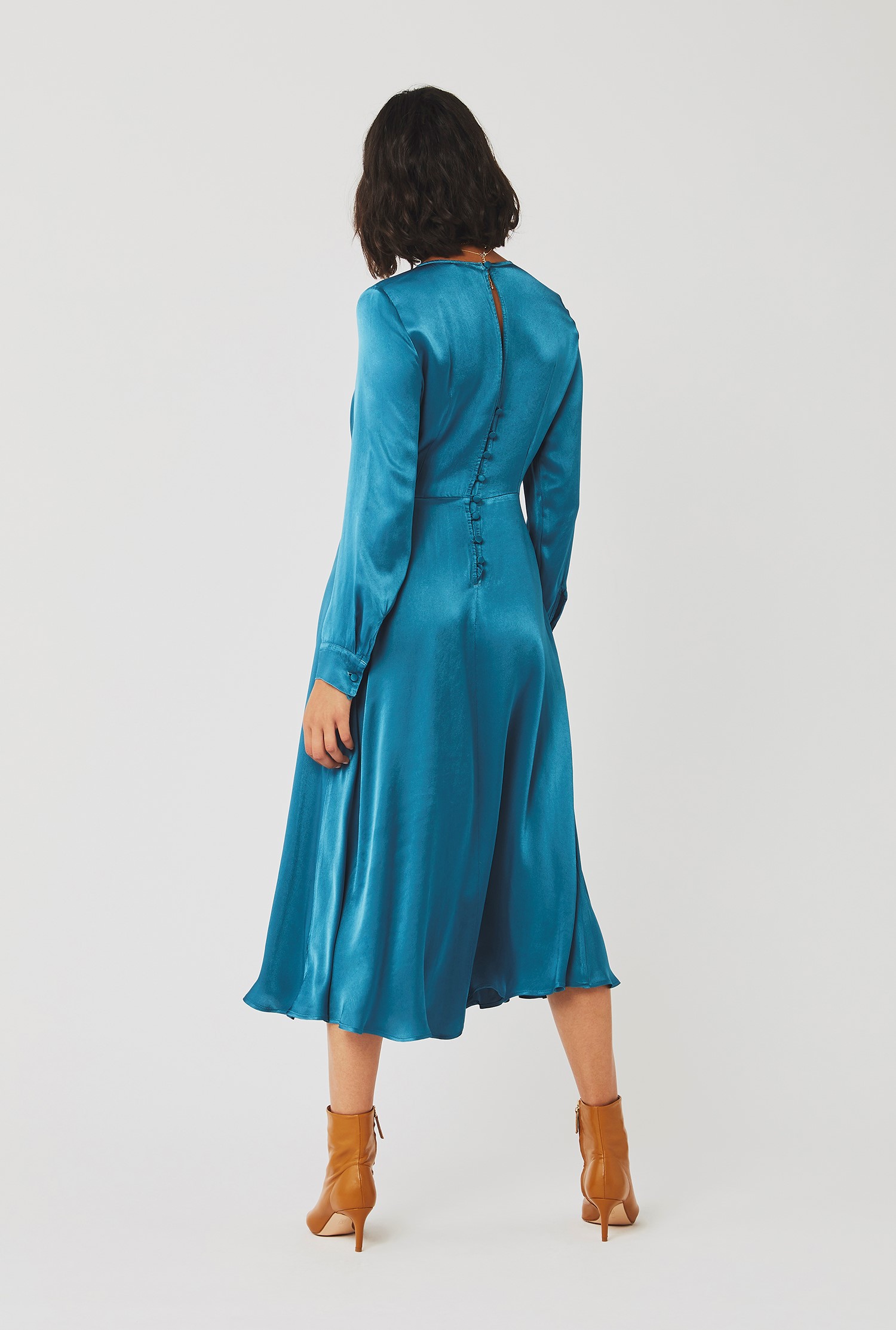 Mindy Teal Satin Midi Dress with Long Sleeves | Ghost London