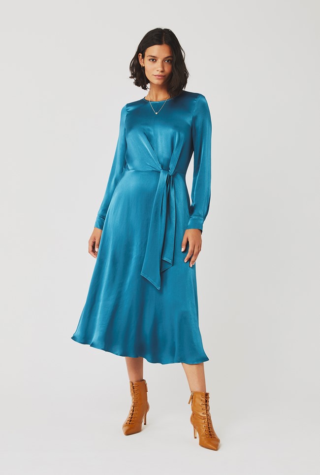 Mindy Teal Satin Midi Dress with Long Sleeves | Ghost London