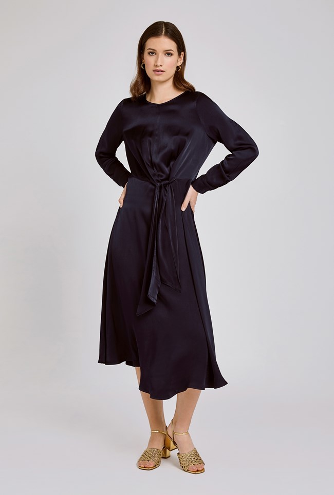 Mindy Navy Satin Midi Dress with Long Sleeves | Ghost London