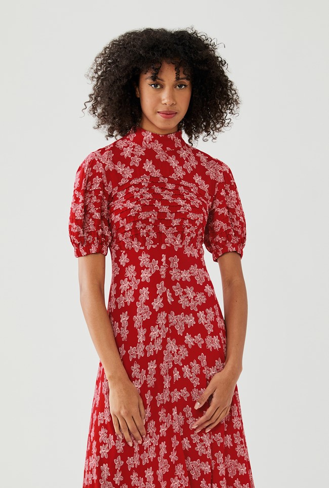 Crepe Midi Dress with Short Sleeves in Red Print | Ghost London